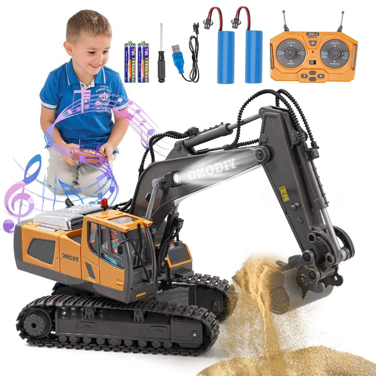 Escavatore telecomandato a partire da 6 anni, giocattolo escavatore RC pala in metallo, rotazione a 680 °, luce ed effetti sonori, giocattolo Digger bambini 7 8 9 10 11 12 anni