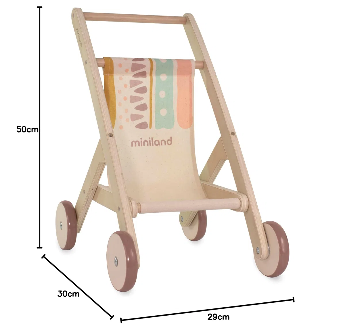 Miniland Dolls Carrello per bambole. Realizzato in legno proveniente da foreste sostenibili (FSC).