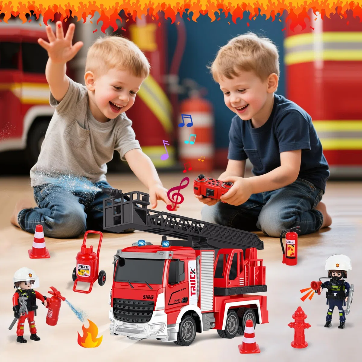 PATEMZON Camion Pompieri Giocattolo, Camion dei Pompieri con Spruzzi D'acqua, 60CM Scala Girevole e Accessori Giocattolo, Luci e Suoni, Autopompa 2.4GHz Regali per Bambine e Bambini Dai 3 Anni