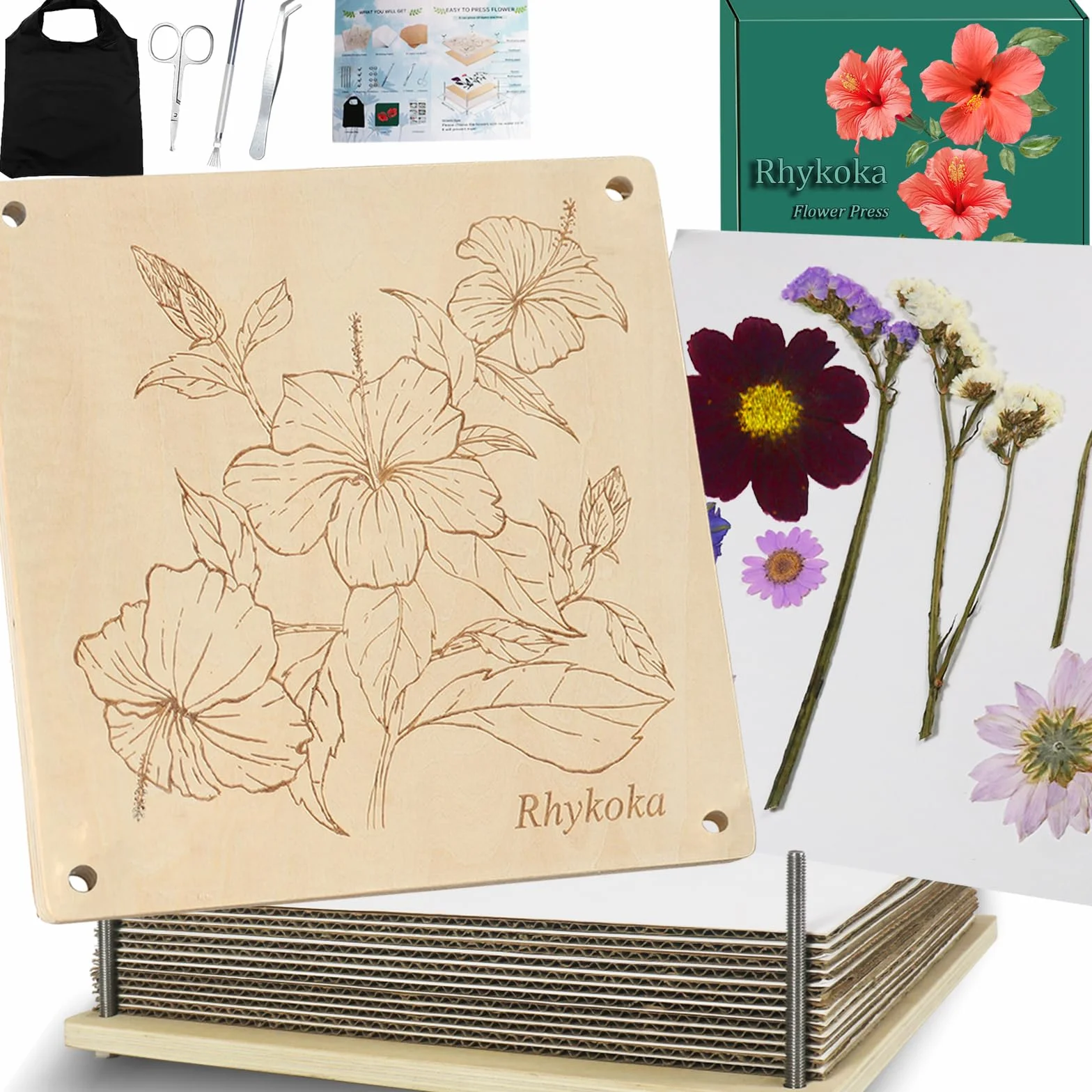 Rhykoka Pressa per fiori extra large, 10 strati, 28 x 28 cm, kit per spremitura fiori in legno per adulti, con custodia, regalo per gli amanti del fai da te e dell'artigianato (legno)