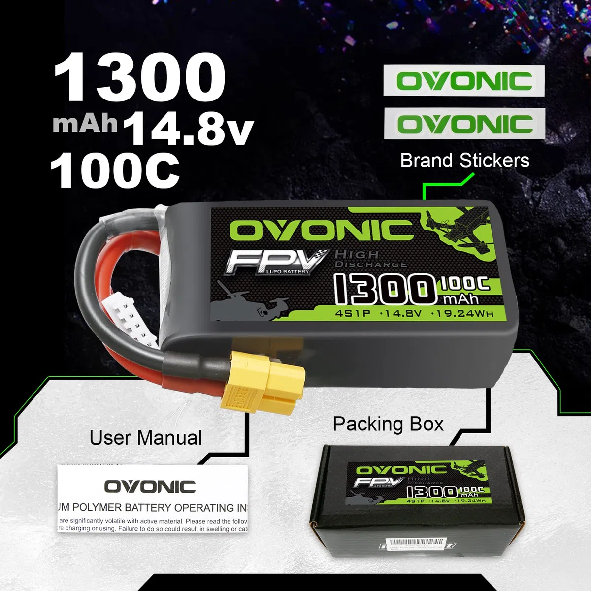OVONIC Batteria Lipo 4s 14.8V 1300mAh 100C con connettore XT60 per FPV Racing RC Quadcopter Elicottero Aereo Multi-Motore Hobby Parti fai da te (2 confezioni)