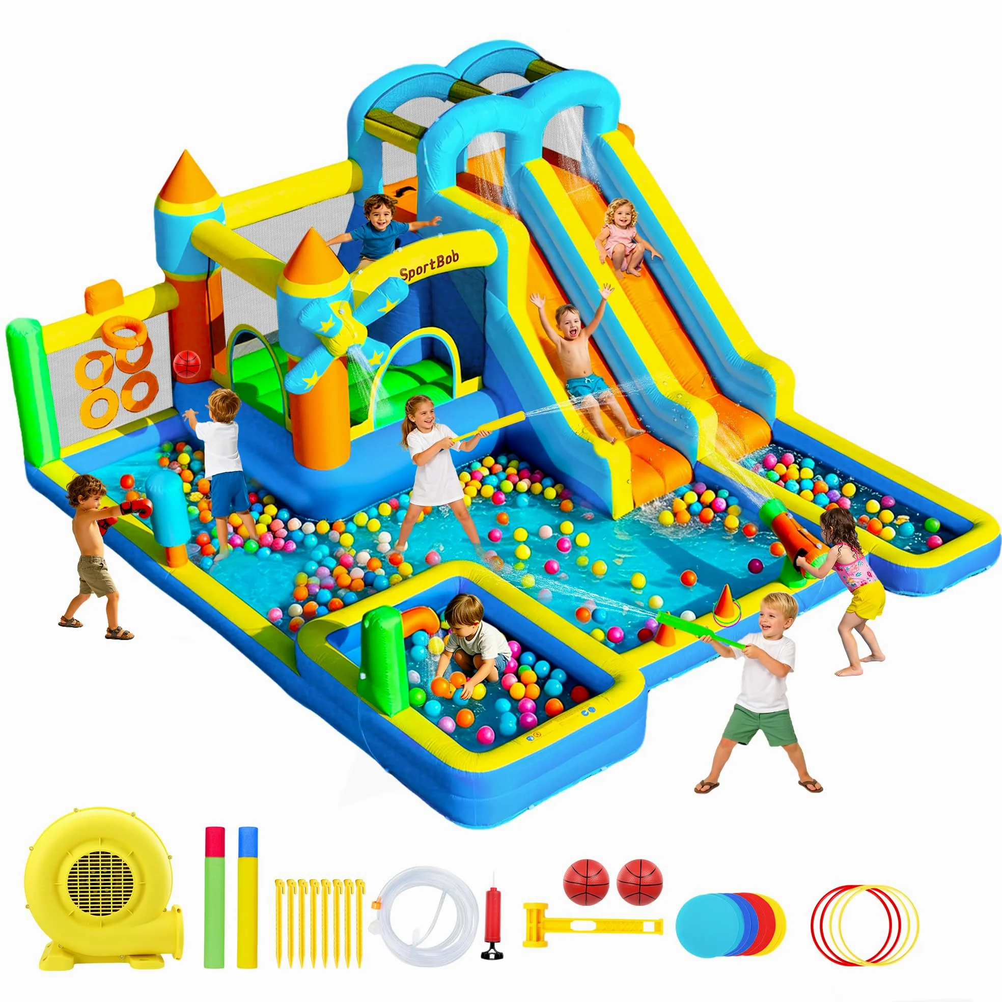 Castello gonfiabile con doppio scivolo, ventola, piscina per bambini, area per salti e parete da arrampicata, ideale per uso interno ed esterno, riunioni di famiglia e occasioni di compleanno