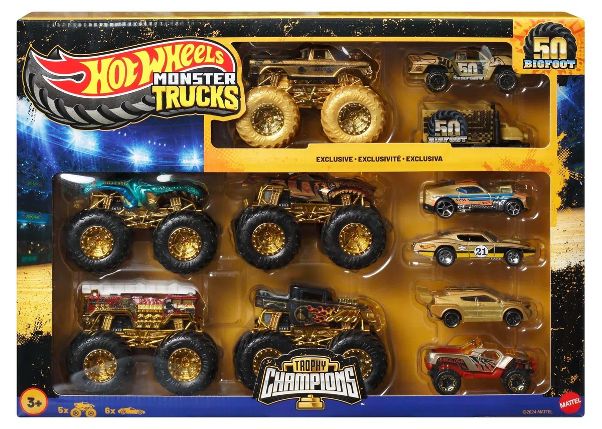 Hot Wheels Monster Trucks - Collezione Trophy Champions, 5 veicoli camion e 6 macchinine in scala 1:64 incluse, 50° anniversario di Bigfoot, giocattolo per bambini, 3+ anni, JDW07