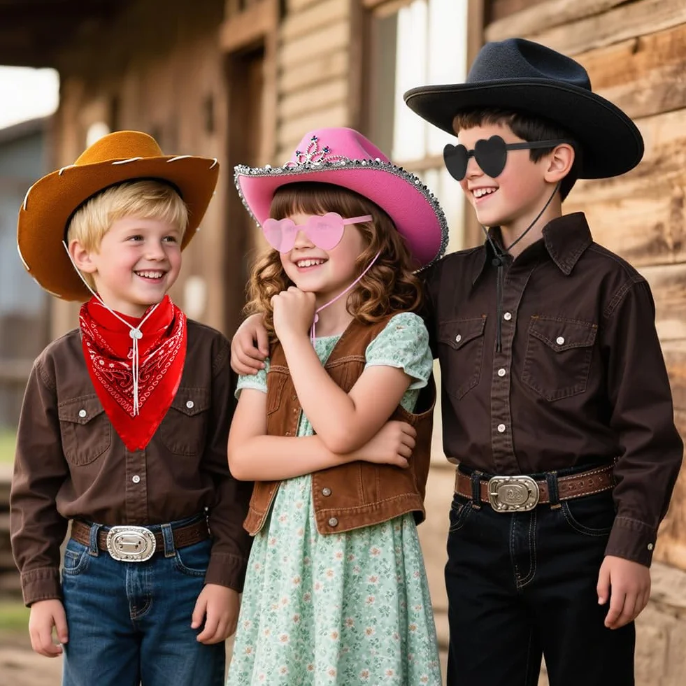 AUYAO Cappello da Cowboy per Bambini, Accessori per Costumi da Cowboy Cappelli, 3PZ Occidentale Cappello per Bambini, con Bandana Occhiali, Western Cappello da Cowgirl per Halloween Feste Carnevale