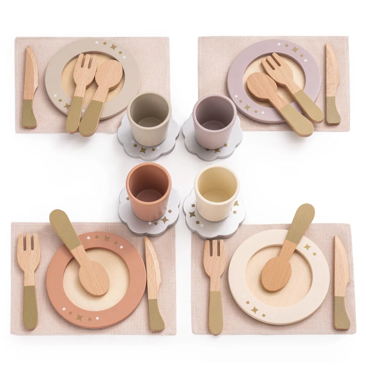 ROBOTIME Set di stoviglie in legno 29 pezzi per bambini, 4 set di piatti colorati, per giochi di ruolo, accessori da cucina Montessori, regalo e per bambine e bambini