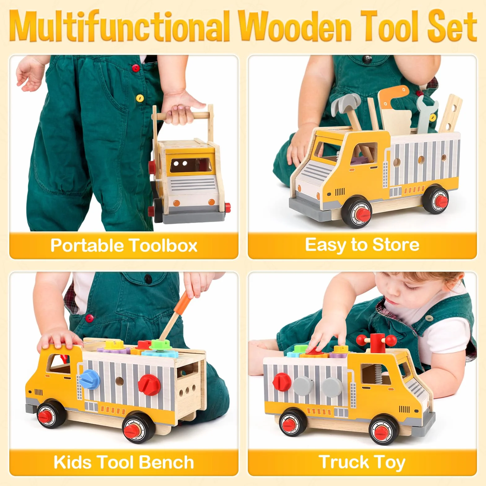 DINORUN Attrezzi Giocattolo in Legno, Montessori 3 Anni, Camion Cassetta Attrezzi, Regalo per Bambini 3-6 Anni, 47 Pezzi