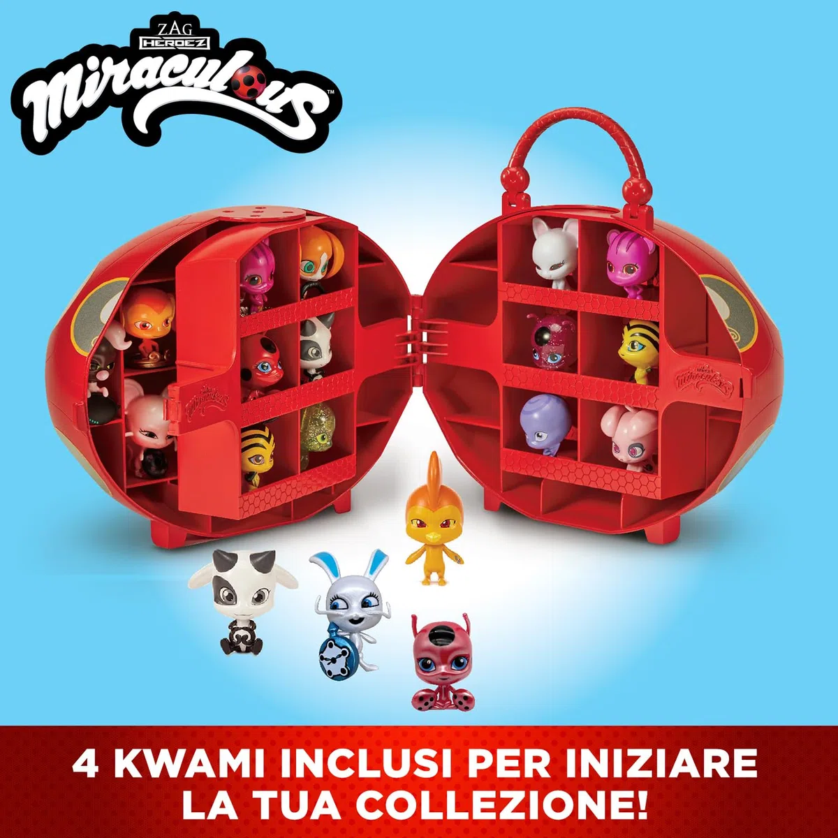 Bandai - Miraculous Ladybug - Miracle Box con 4 kwami inclusi - Set Mini-Figure Miraculous Kwami Licenza Ufficiale - Scatola di Stoccaggio con Maniglia - Giocattolo per Bambini dai 4 anni e + - P50591