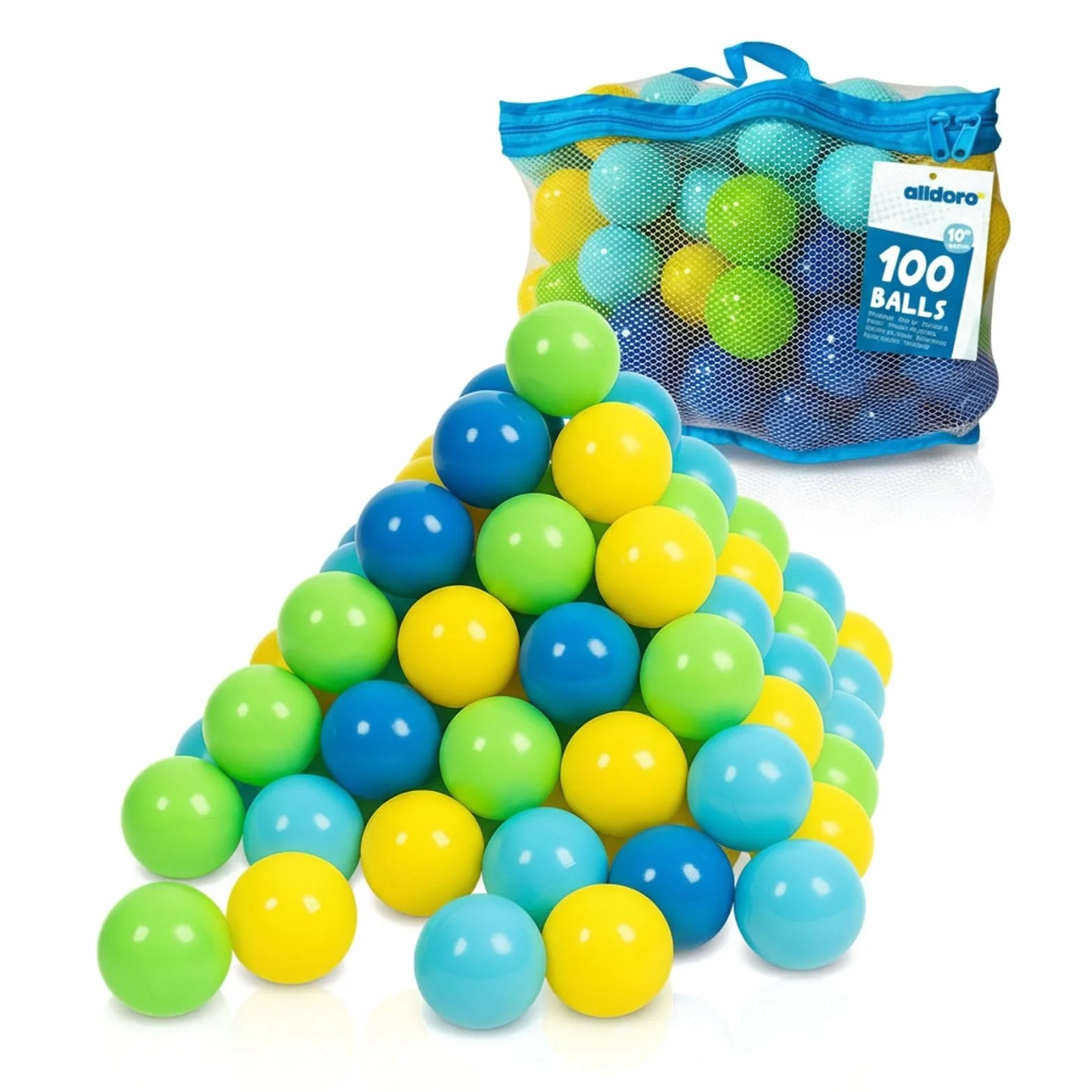 alldoro 60382 100 palline per piscina di palline in plastica, ognuna di 6 cm di diametro, colorate, per bambini, inclusa borsa di trasporto in rete