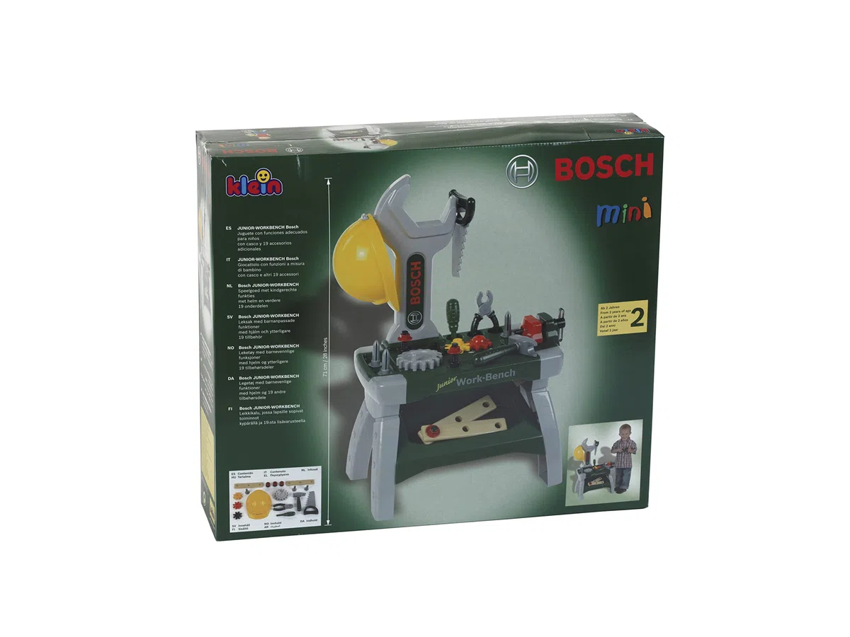 Theo Klein 8604 Banco da lavoro Bosch Junior I Include copricapo protettivo, morsa, utensili, assicelle, chiodi, viti e dadi I Giocattoli per bambini dai 2 anni in su