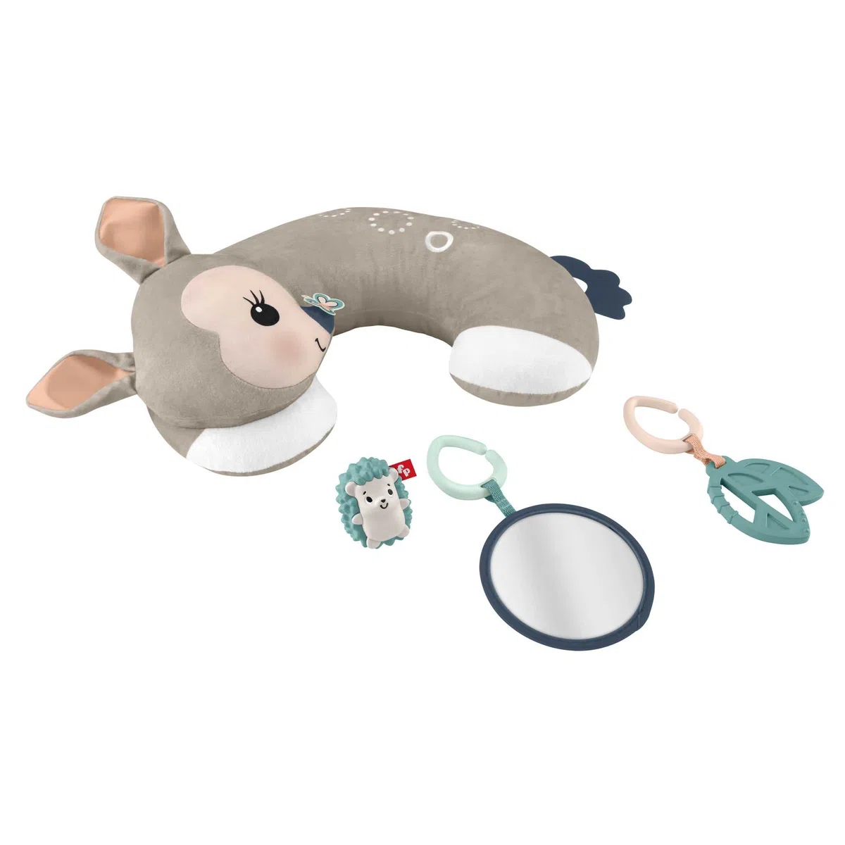 Fisher-Price - Cuscino Dolce Cerbiatto, cuscino giocattolo per neonati con 3 giocattoli per attività sensoriali, Giocattolo per Bambini 3+ Mesi, HJJ16