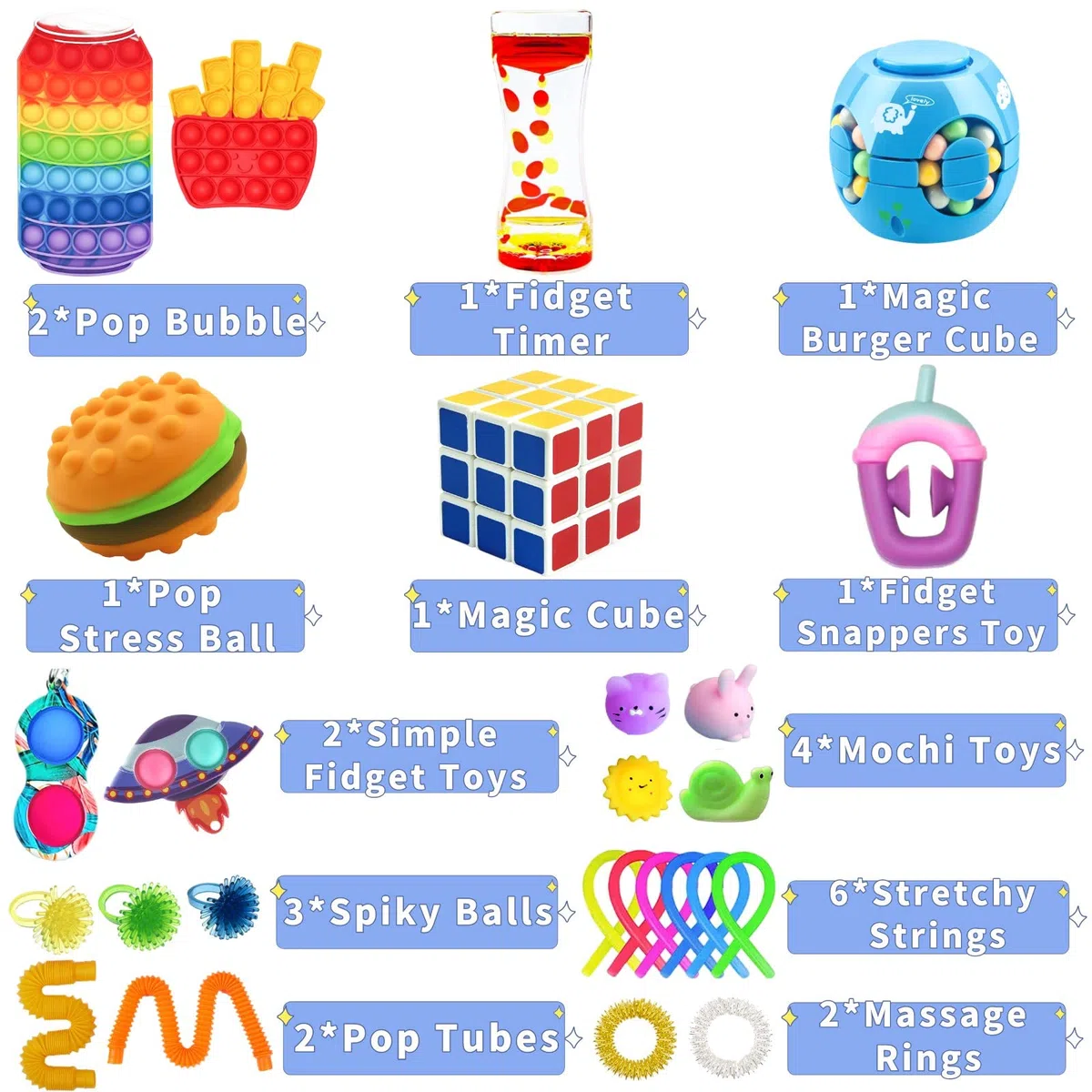 Paochocky Fidget Toy Set, 26 Pezzi Fidget Toys Pack, Fidget Toys Set Fidget Toys Box Giochi Sensoriali Anti Ansia e Stress è Adatta per Adulti e Bambini, può Essere Usata Come Regali per Feste
