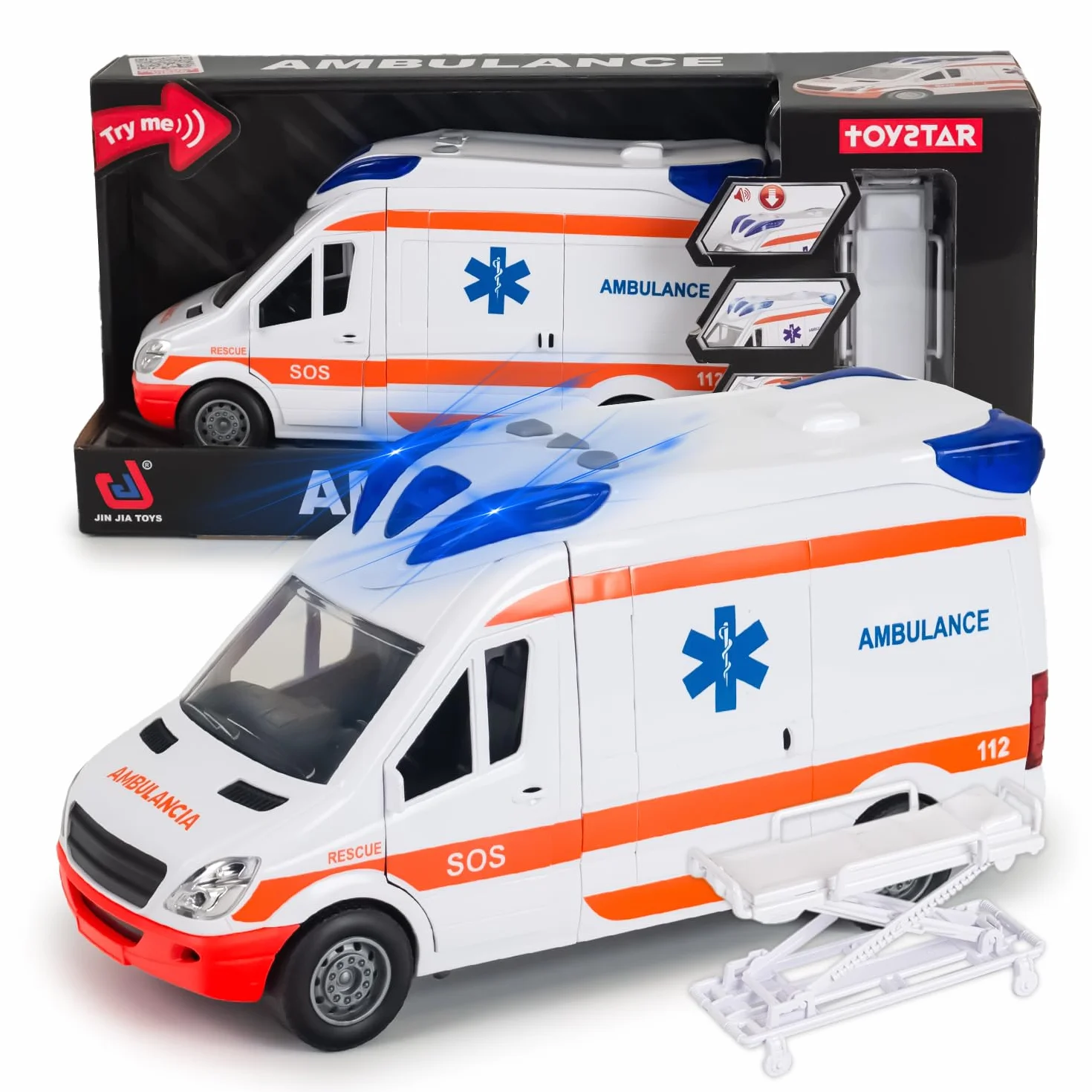 CELMAN Automobile giocattolo Medical Responder, camion di ambulanza con barella, portellone apribile, luce e suono, grande auto giocattolo per bambini dai 3 4 5 6 7 8 anni in su