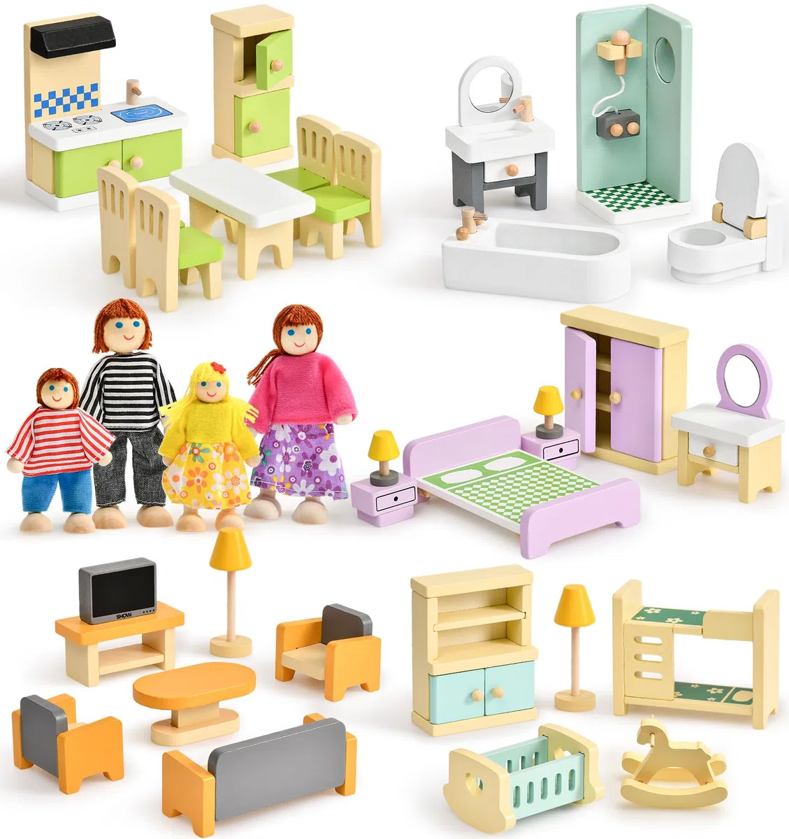 Atoylink Set di Mobili Casa delle Bambole in Legno, Accessori Colorati per Casa delle Bambole con 4 Bambole di Famiglia, Giocattoli Educativi e Giochi di Ruolo per Bambini 3 Anni +