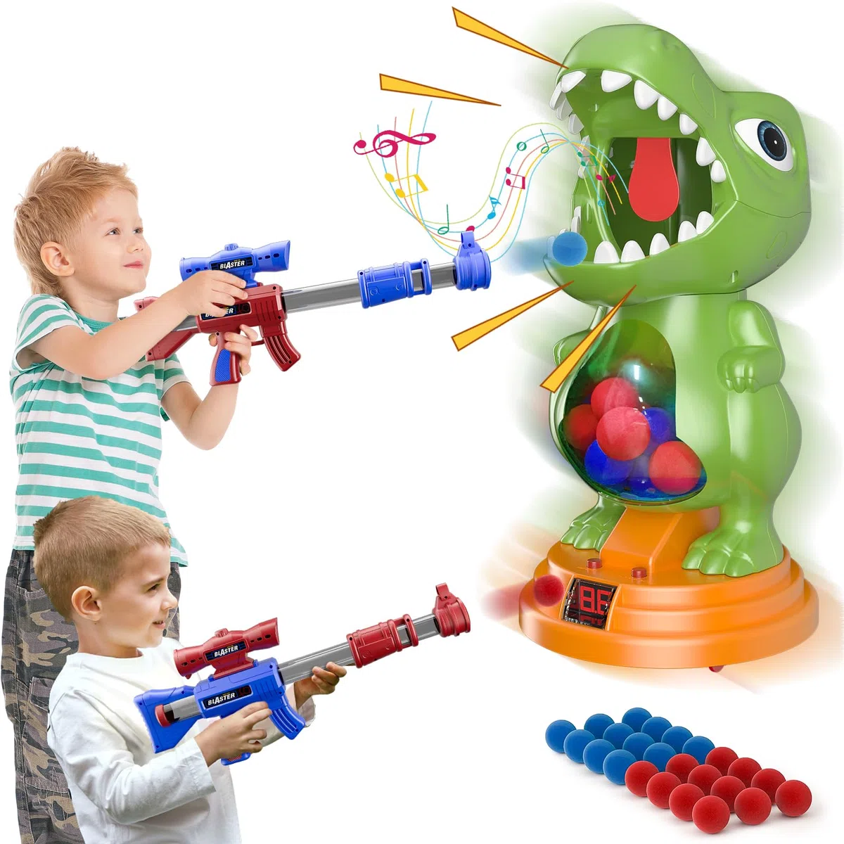 fygurso Giocattolo sparatutto Mobile con Dinosauri con 2 Pistole a Pompa d'Aria, Giochi di tiro al Bersaglio con punteggio LED, Luce e Suono, 24 Palline di Schiuma per 3+, Regalo per Ragazzo (Verde)
