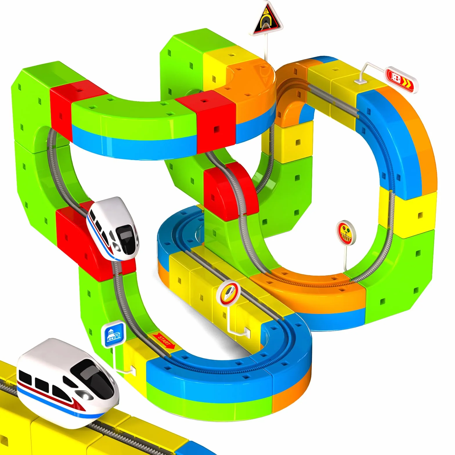 Goody King Trenino Elettrico per Bambini 69 Pezzi - Kit 3D DIY con Binari Magnetici a Cubi, Include Treno e Segnali Stradali, Giocattolo Educativo Creativo STEM Regalo per Bambini 4-12 Anni