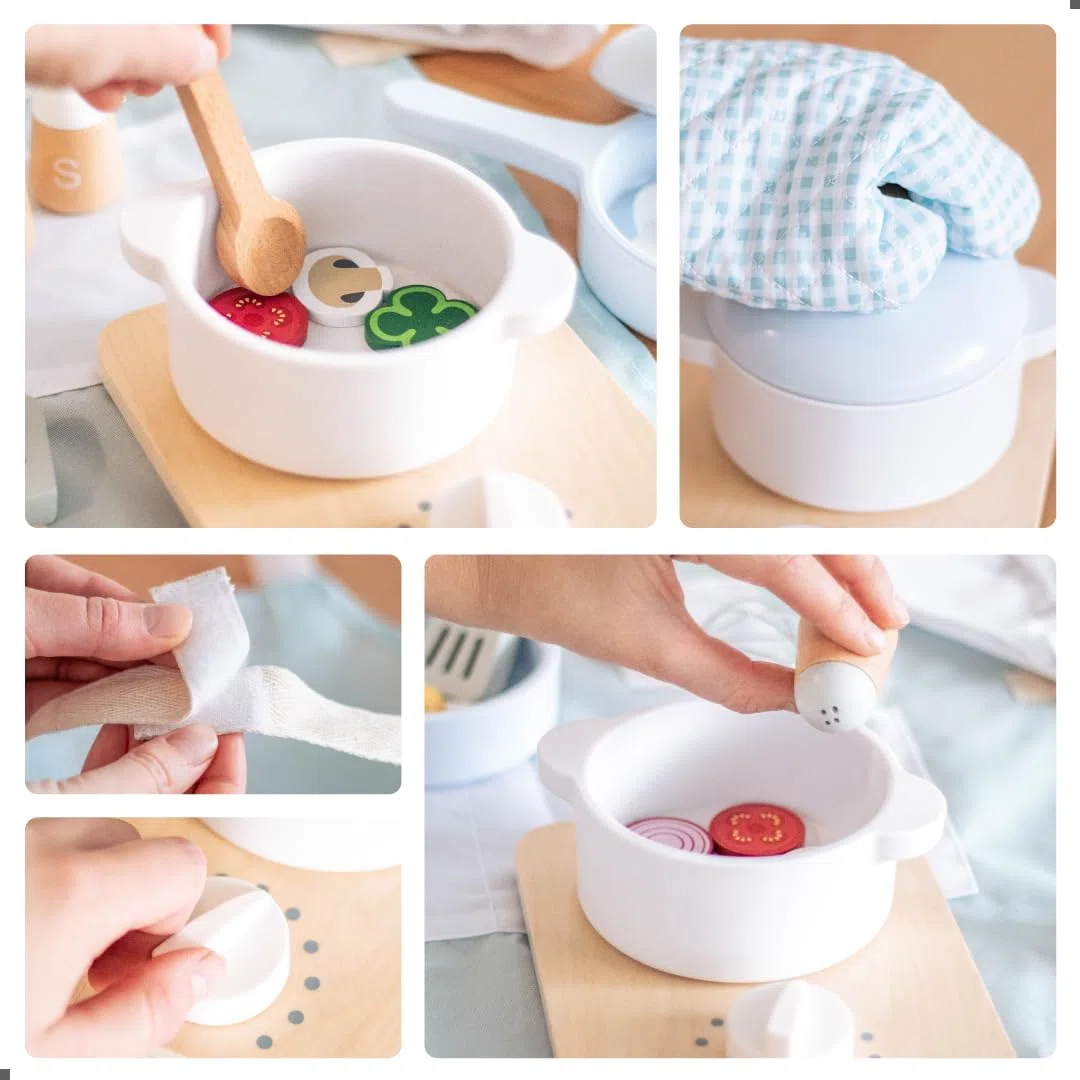 UMU - Kit da cucina in legno per bambini, con stoviglie, pentole, padelle, grembiule, cibo