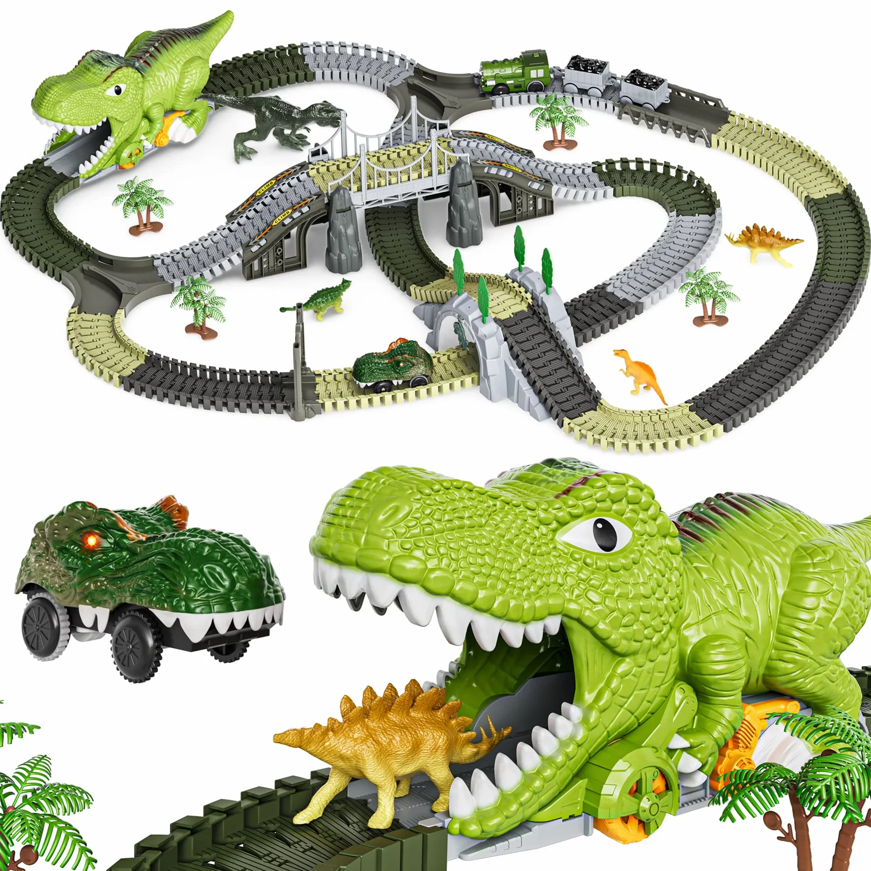 Dinosauro Giocattolo Pista da Corsa,281 pezzi Dinosauro Treno Giocattoli Regalo per Bambini di 3 4 5 6 Anni,Flessibile Binari del Treno con 4 Dinosauri,2 Elettrico Auto da Corsa con Luci