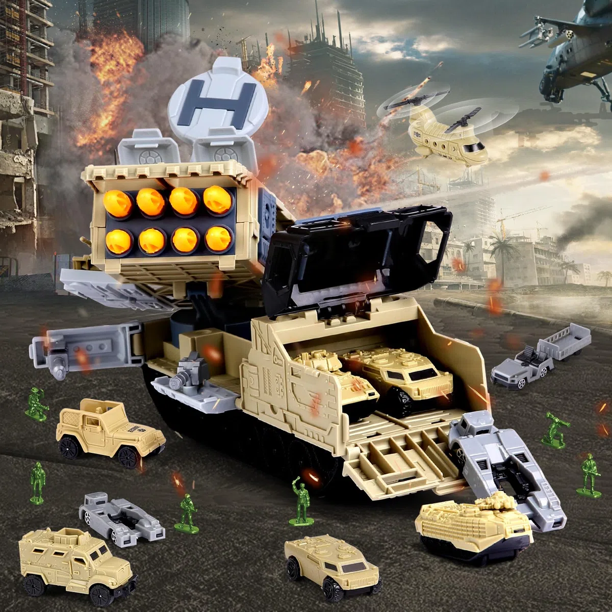 Giocattoli militari Serbatoio Playset con veicoli da combattimento, carri armati, elicotteri, militari uomini soldati, serbatoio dell'esercito auto giocattolo per bambini bambini bambini