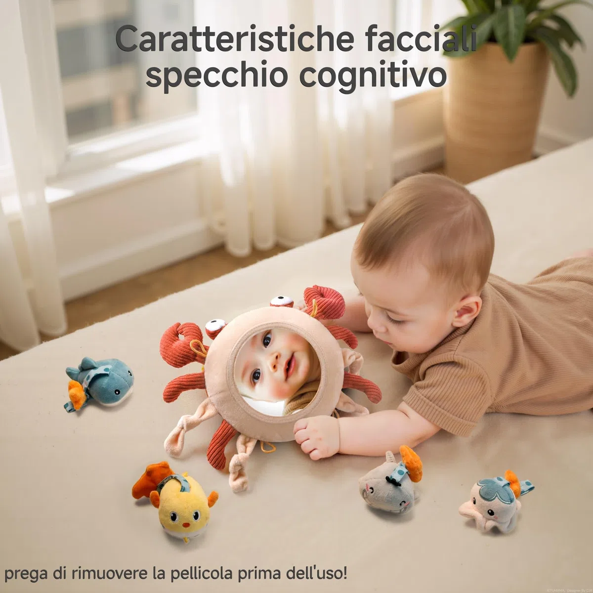 TUMAMA Giochi Passeggino Per Neonato 0 3 4 6 9 12 Mesi, Gioco Montessori Sensoriali Sonaglio Per Neonati Accessori Con Specchio, Peluche Granchio Giocattoli Per Culla Carrozzina Femmina Maschio Regalo