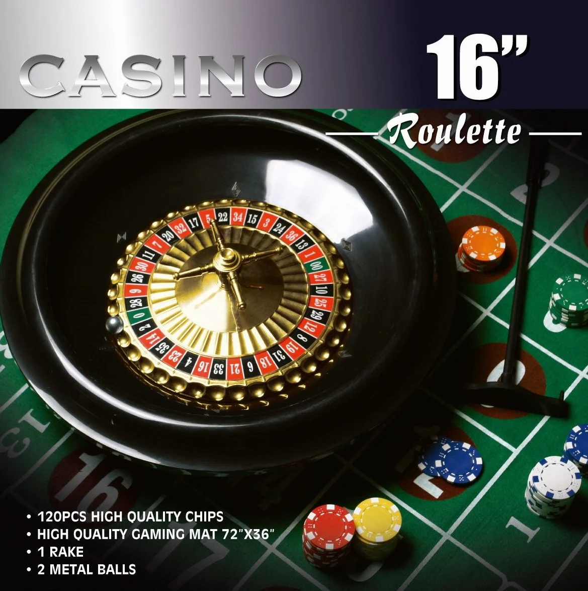 DA VINCI 16-Inch Roulette Wheel Game Set with 120 11.5-gram Chips, Full Size 3'x6' Felt Layout, and Rake