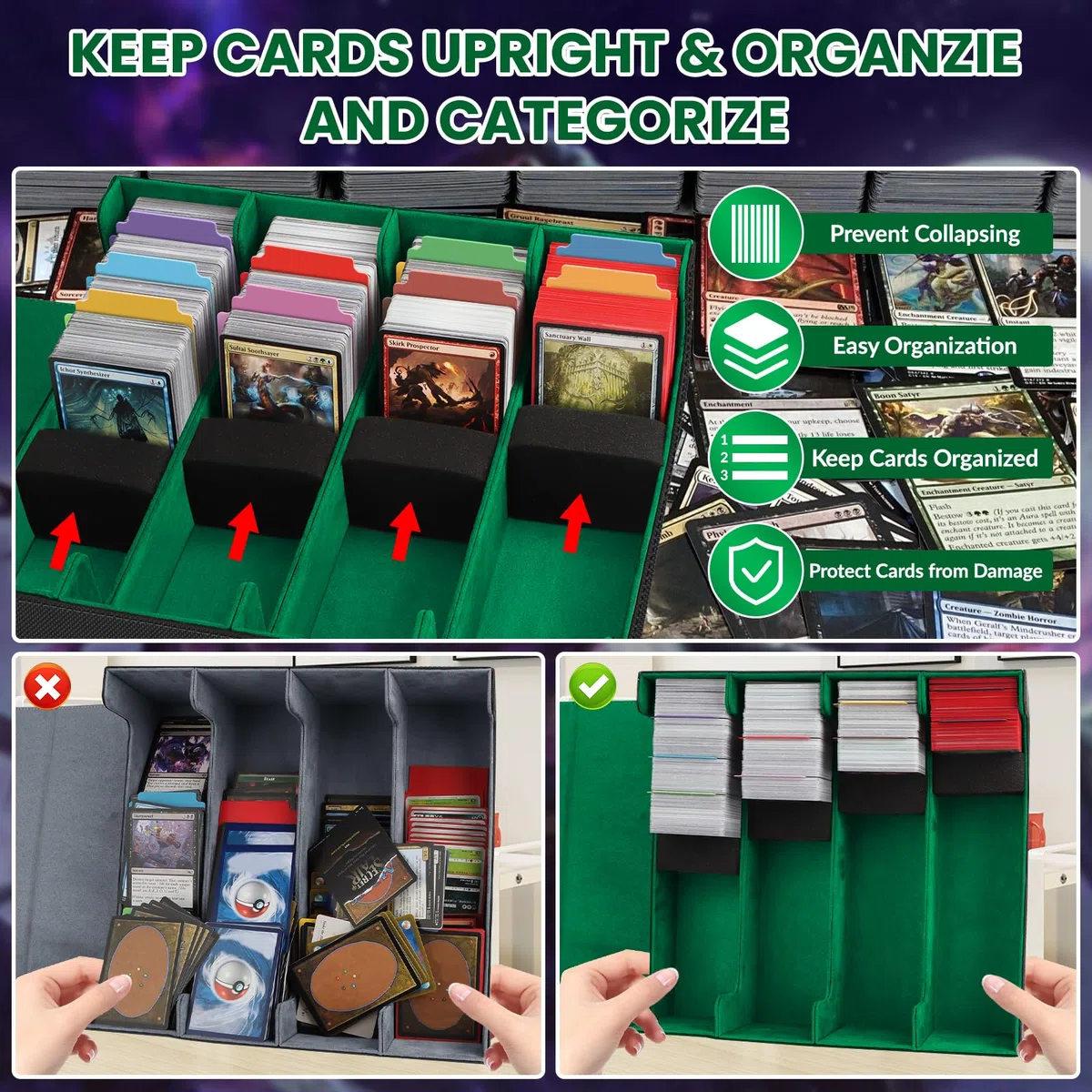 Scatola per Carte per Oltre 3200 Carte, Scatole per Carte Collezionabili con 24 Divisori Colorati e 4 Schiuma, Scatole per Mazzi Magnetici Premium, Custodia in pelle PU Magic the Gathering(Nero Verde)