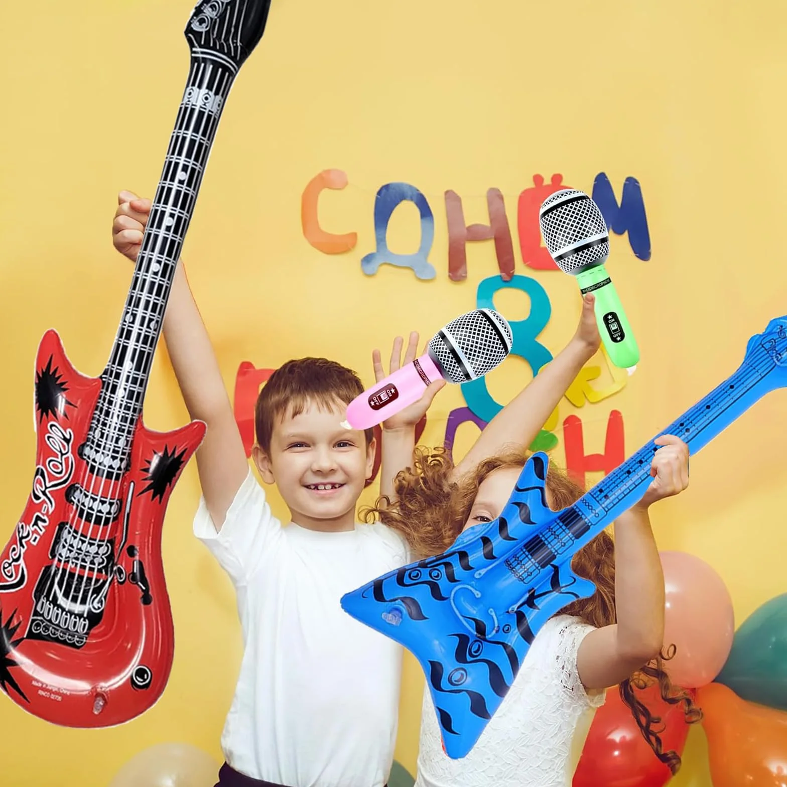 Strumenti Gonfiabili Musicali set di 9 Giocattoli Gonfiabili Rock Star Chitarra Giocattolo 90 cm Chitarra Elettrica Gonfiabile Adatto per Feste a Tema Palloncini, Feste di Compleanno ecc.