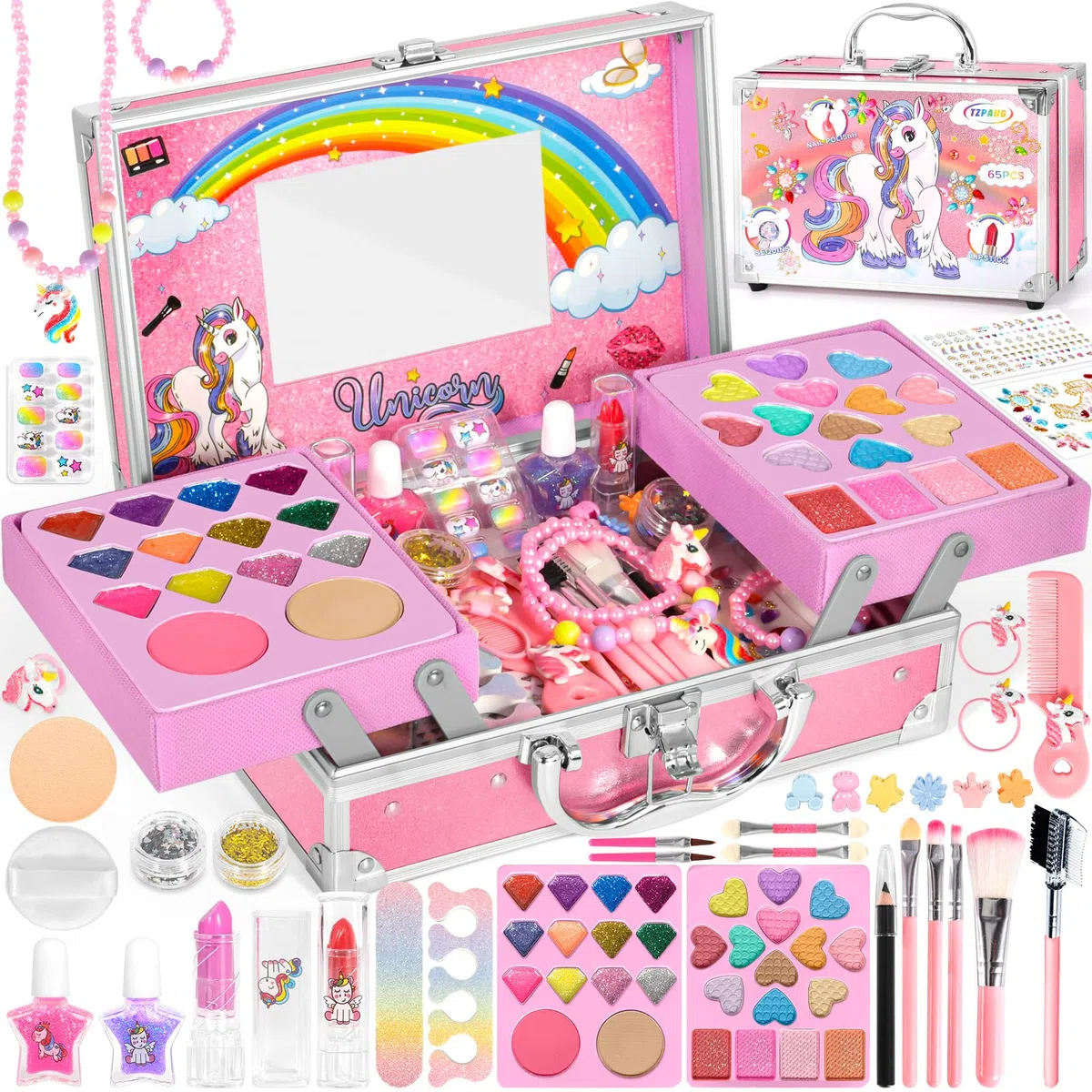 Set Trucchi per Bambine, 65 Pezzi Lavabile, Valigetta Trucchi, Giochi Natale Halloween Compleanno Regalo 5-12 Anni