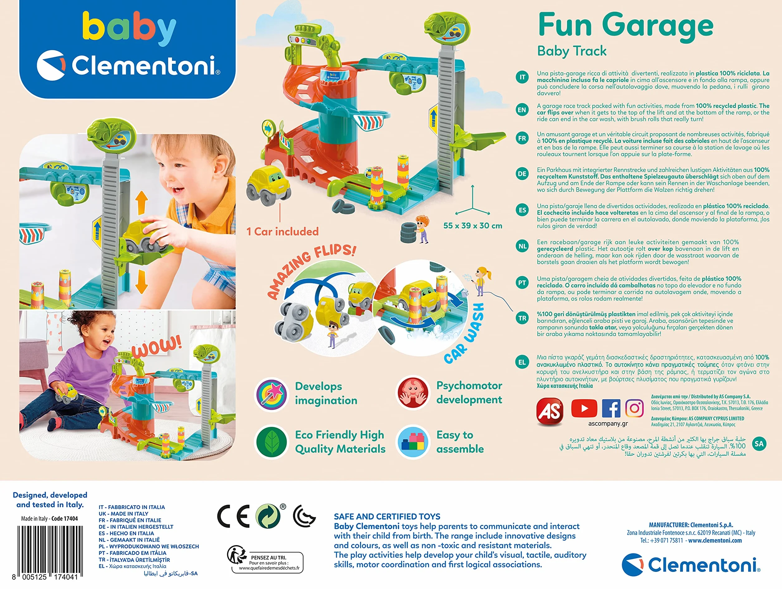 Baby Clementoni - Fun Garage Baby Track, Box e Pista Macchinine per Bambini 18+ Mesi, con 1 Macchinina, Gioco Prima Infanzia Made in Italy, Linea Play For Future, Stimola Manualità e Curiosità, 17404