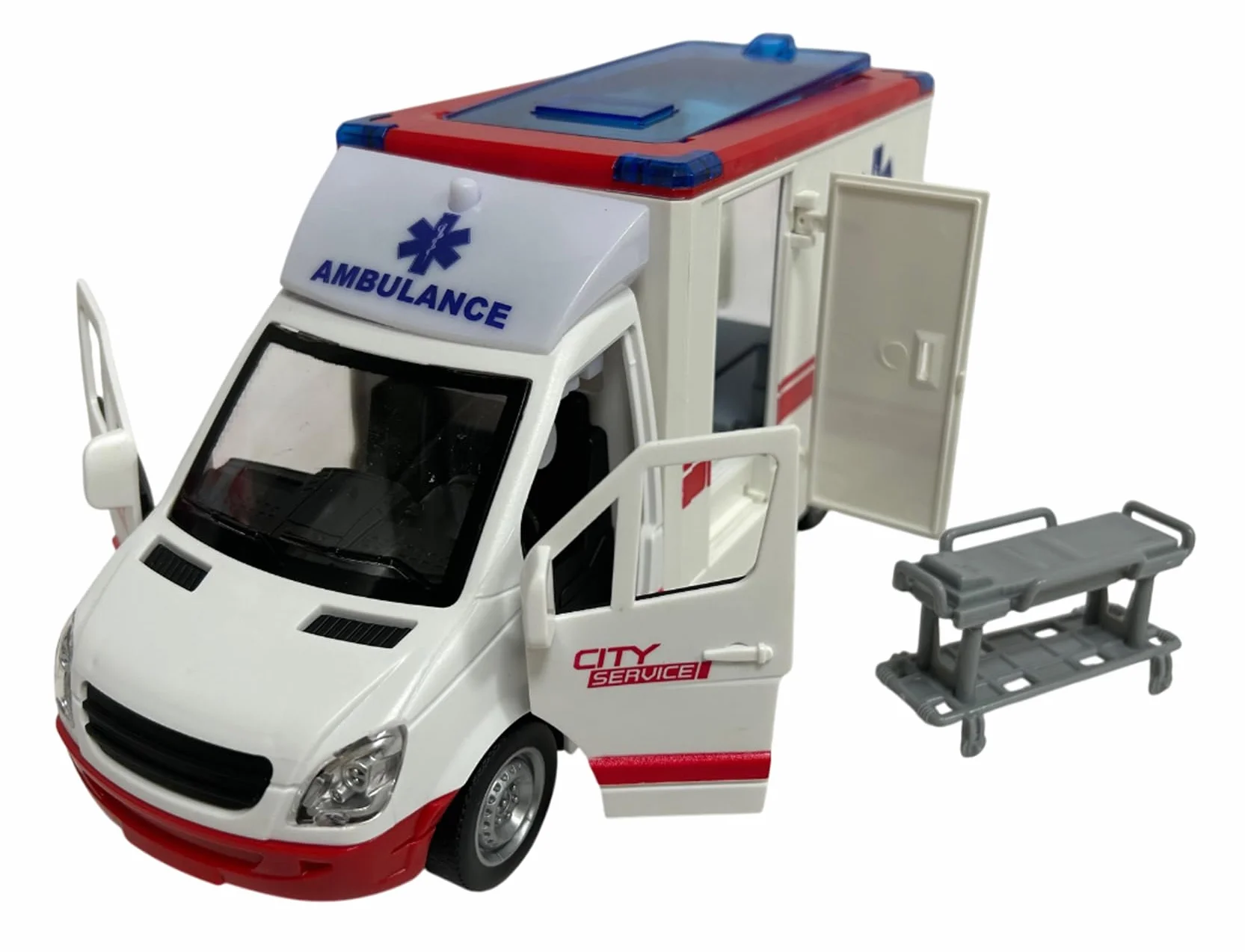 Ambulanza Giocattolo con Luci Suoni Sirene Porte e Tetto Apribili Movimento Frizione Ambulanza Grande Scala 1:16 cm 26 Pronto Soccorso con Luce Suoni Barella Estraibile Ambulanze Bambini con Luci Led