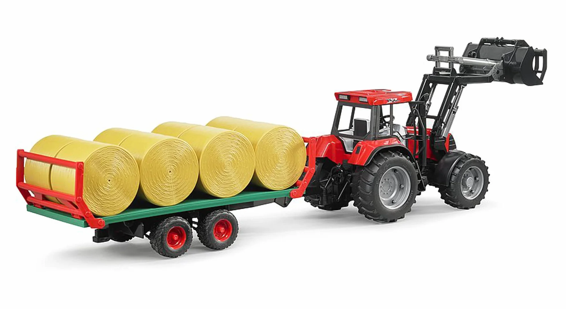bruder 02220 - Rimorchio per trasporto balle con 8 balle rotonde, carro per balle, azienda agricola, rimorchio per trasporto