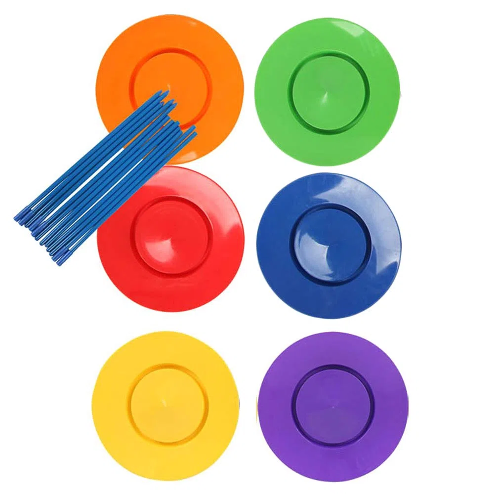 Set di 6 piatti rotanti in plastica con 12 bastoncini, accessori per giocoleria acrobatica da circo, set da gioco colorato per feste per adulti e principianti