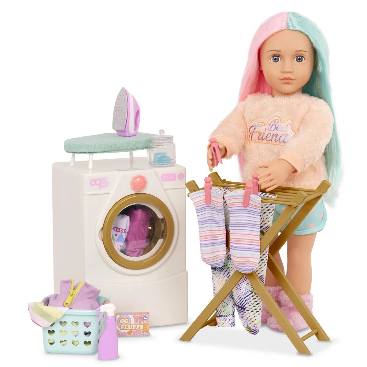 Our Generation - Giornata del bucato - Lavatrice per bambole - Stendino, ferro da stiro e set di pulizia - Accessori per la casa delle bambole da 46 cm - Giocattolo per bambini dai 3 anni in su