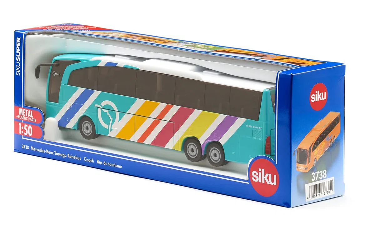 Siku 3738001, Mercedes-Benz Travego Autobus RATP Francia, 1:50, metallo/plastica, multicolore, porte aperte e lembo