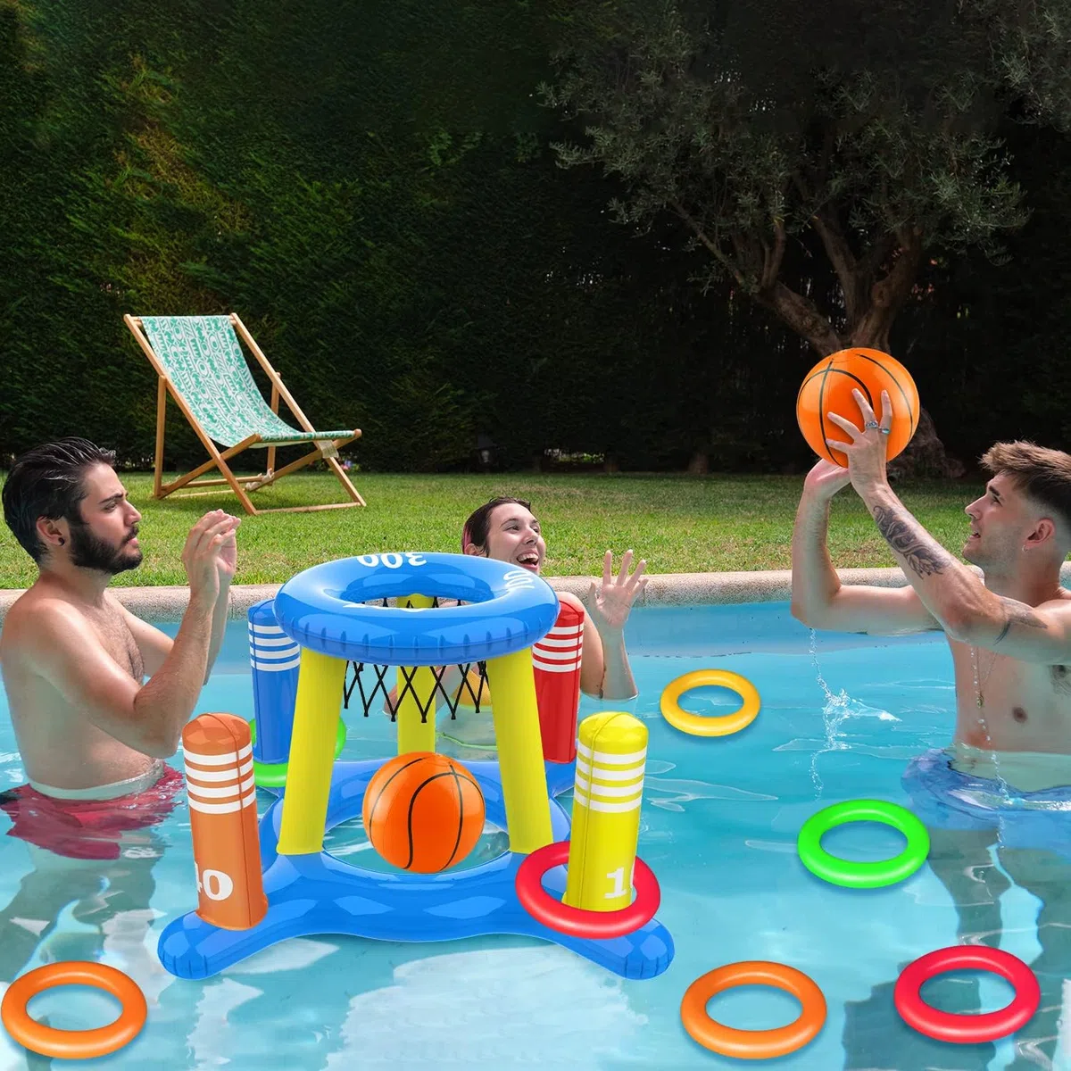 Giochi Gonfiabili per Piscina, 2 in 1 Giochi d Acqua per Piscina, Canestro da Basket Galleggianti e Lancio Dell'anello, Estate Esterno Piscina Festa Giochi per Bambino Adulto