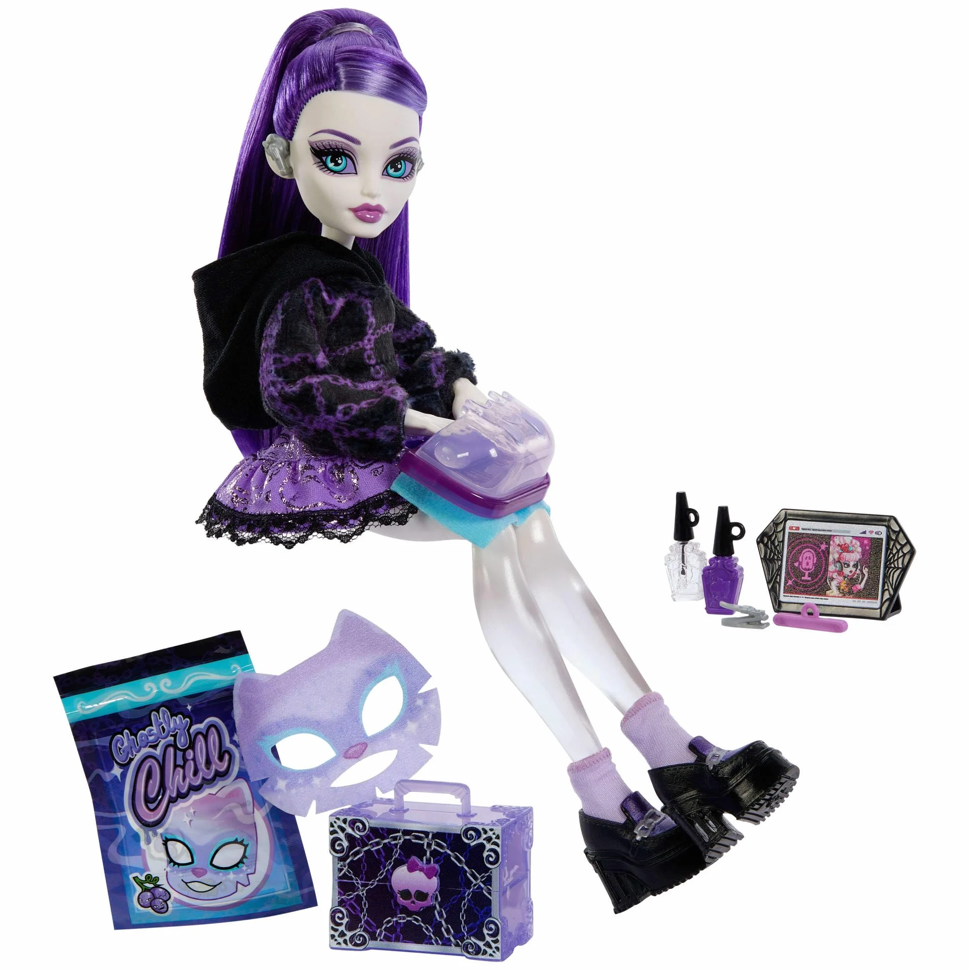 Monster High Self-Scare Secrets - Spectra Vondergeist, set con bambola e accessori tra cui 13 sorprese a tema come set per manicure e giradischi inclusi, 4+ anni, JHK46