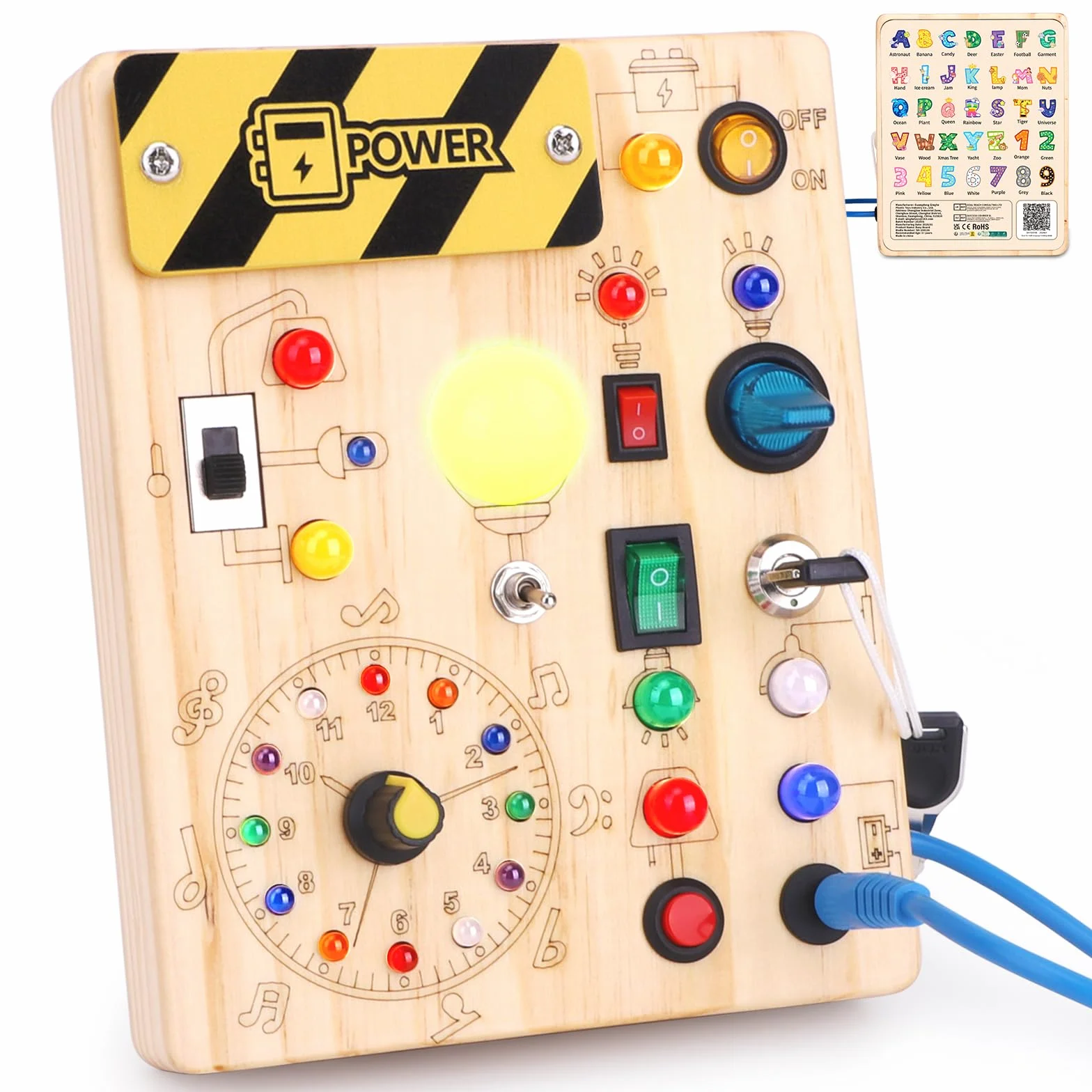 Busy Board Montessori Giocattolo a partire da 1 Anno in Legno Giocattolo Motorico Activity Board Sensoriale Giocattolo Educativo con 10 Interruttori e 23 Luci LED per Bambini Piccoli Regalo per