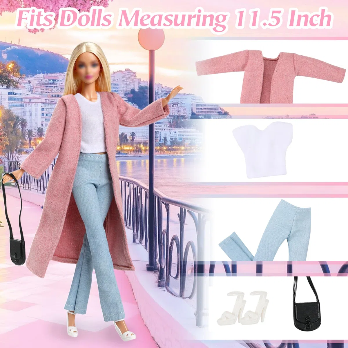16 pezzi di vestiti e accessori per bambole da 11,5 pollici, cappotto rosa, vestito a motivo pied-de-poule, set casual, selezione casuale di 3 outfit, 6 scarpe, 2 borse, 1 paio di orecchini, 1