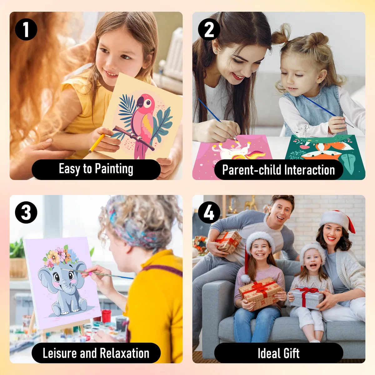 Bowetile 4Pcs Dipingere con i Numeri per Bambini Tramonto con Cornice, Kit Lavoretti Creativi per Bambini 4-8-12+ Anni, Pittura Acrilica Numerata Per Decorazione Della Casa, 20X20 cm