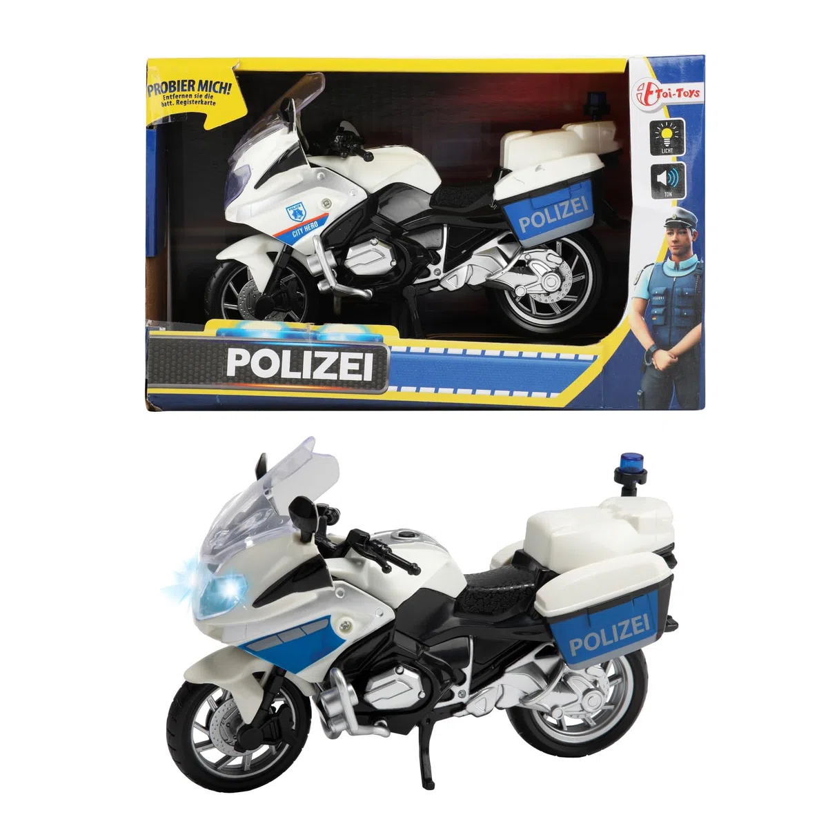 Toi-Toys 29654B - Ruota della polizia 1:20 con luce e suono, per moto della polizia, colore: Bianco