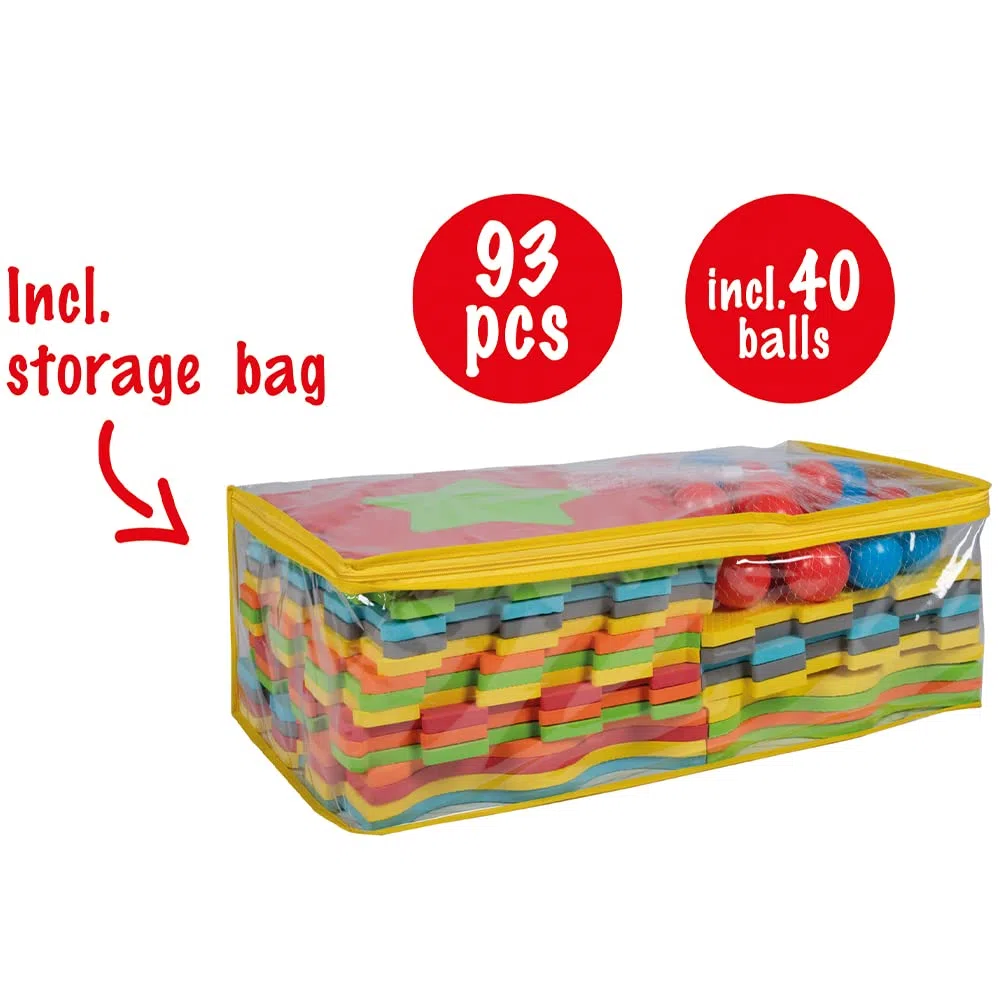 BAKAJI Tappeto Puzzle per Bambini 3 in 1, Tappetino in Gommapiuma per Neonati con 40 Palline da 6 cm e Custodia Salvaspazio, Dimensioni 146 x 146 cm, Morbido, Anticaduta, Antiscivolo, Gioco Educativo
