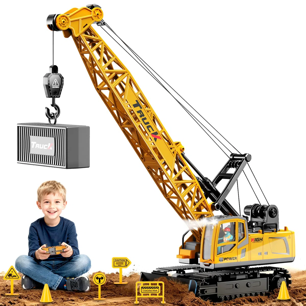 1:16 Gru Giocattolo per Bambini, 12 Canali Gru Telecomandata con Luci Effetti Sonori Spray, Grande Veicoli da Cantiere Grus RC Modello Regali per Bambini 6+ anni (Giallo)