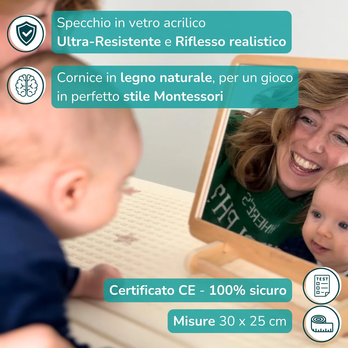 DrSilva Specchio Montessori per Neonati 0-3-6-9-12 mesi Ideale per il Tummy time | Giochi educativi in legno Montessori per bambini