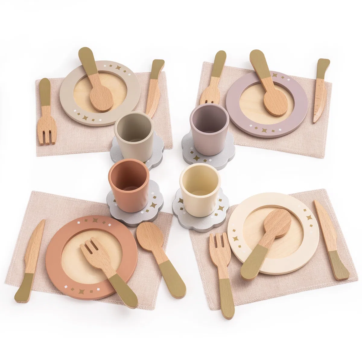 ROBUD Set di piatti da cucina in legno, 29 pezzi, piatti e posate giocattolo per bambini, accessori per la cucina, regali per bambini per ragazze e ragazzi (set da 4)