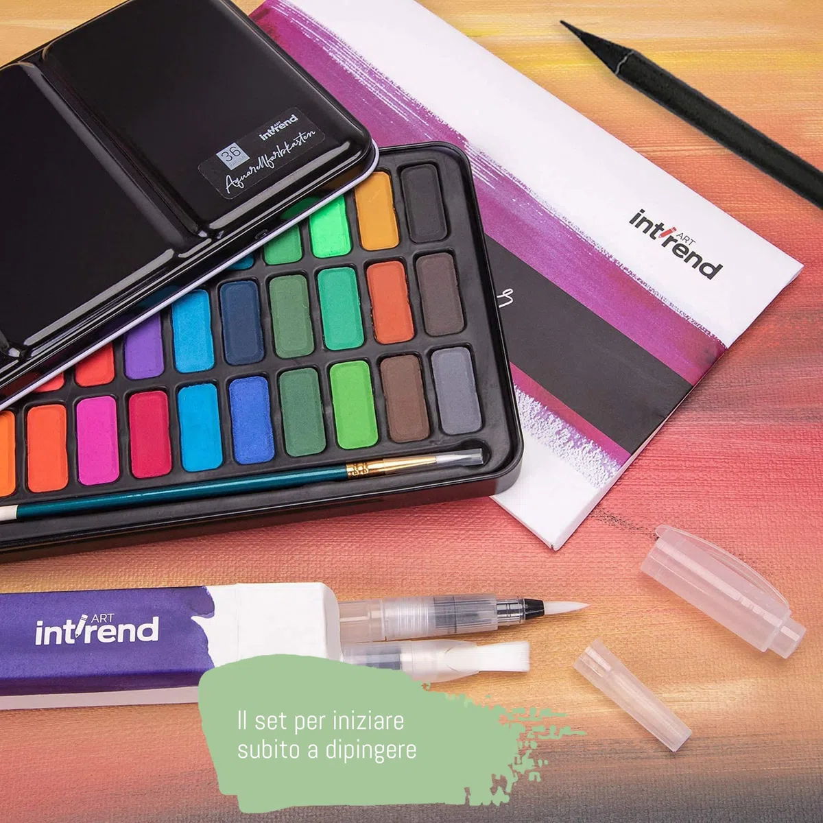 int!rend Set di Acquerelli Professionali di 55-36 Colori, 15 Fogli Acquerello, 2 Penne ad Acqua, 1 Pennello ed Una Matita - Kit Disegno ad Acquerello Professionale