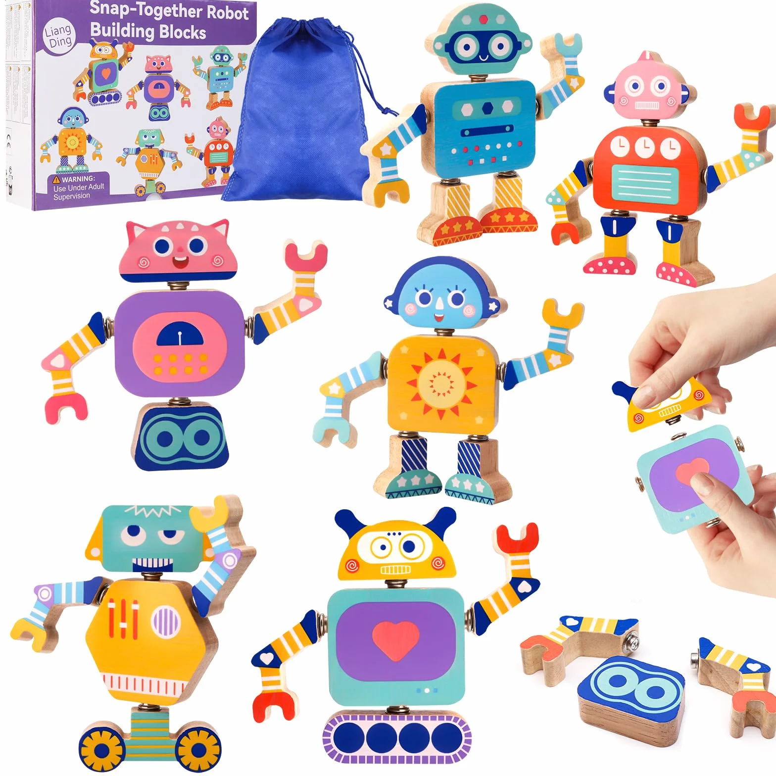 Robot in Legno da Costruire per Bambini, Gioco Ispirato Montessori 33 Pezzi con Borsa, Set Costruzioni Robot da Montare e Smontare, Giocattolo Educativo per Motricità Fine Bambini 3-6 Anni