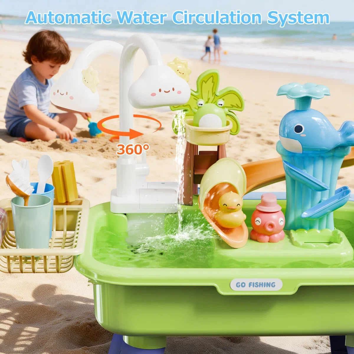 Tavolo da gioco acquatico per bambini dai 3 anni in su, un acquario 4 in 1 con circolazione dell'acqua realistica e gioco di pesca; gambe regolabili in altezza; adatto a maschi e femmine (Verde)