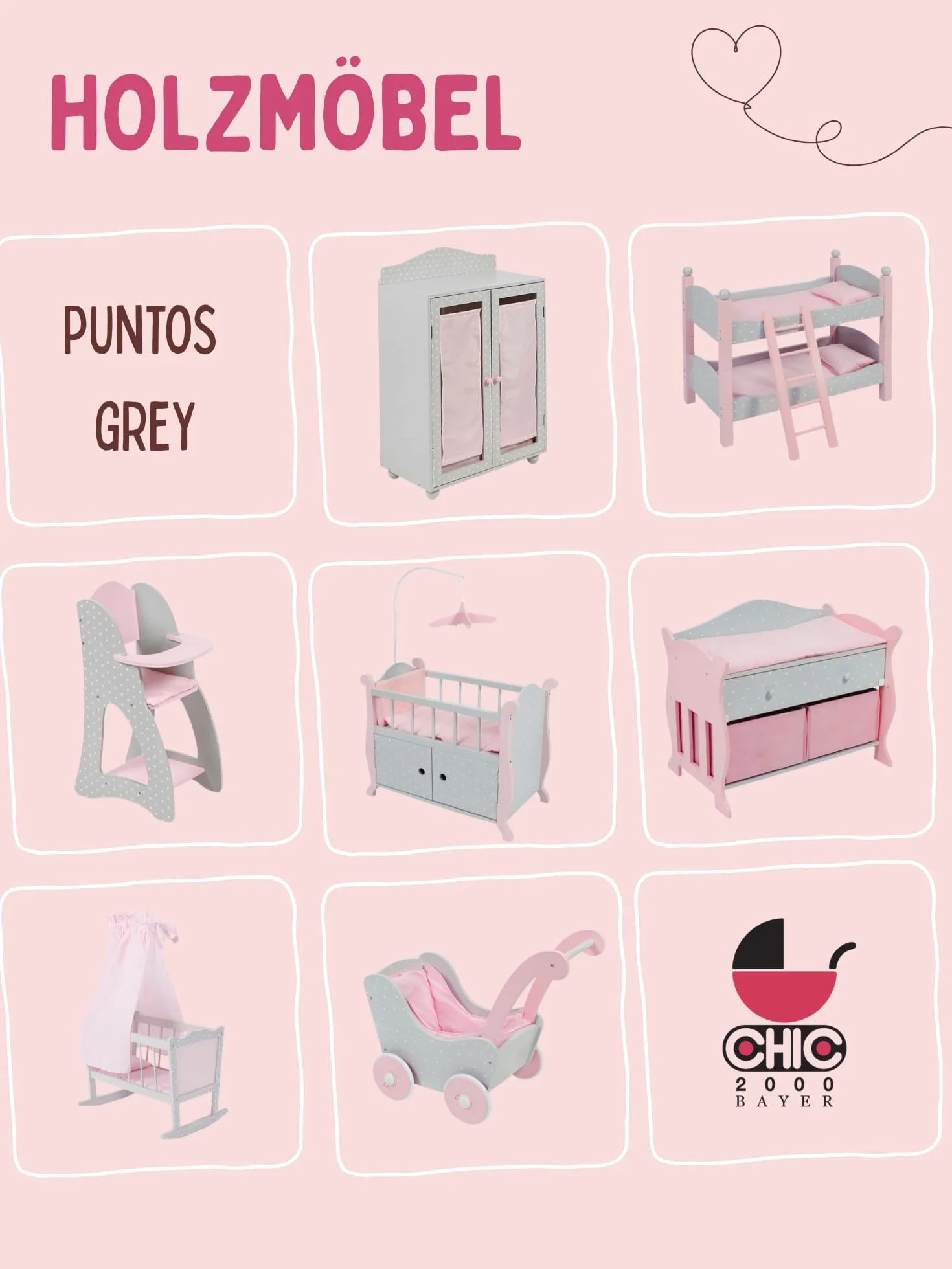Bayer Chic 2000 513 91 Letto a Castello per Bambole, 3 Anni a 8 Anni, Grigio, Puntos Grey, Piccolo
