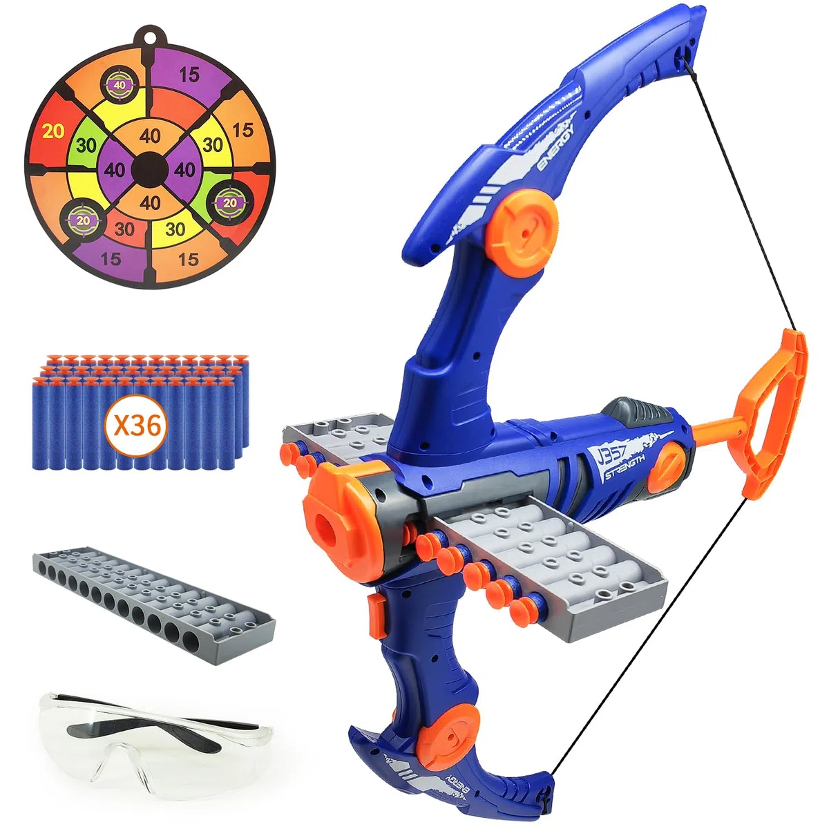 Set di frecce e arco per bambini, compatibile con palline per pistola nerf, 12 freccette clip shot, sfera in schiuma, giocattolo tiro con l'arco con 36 frecce in schiuma per ragazzi e ragazze, regali
