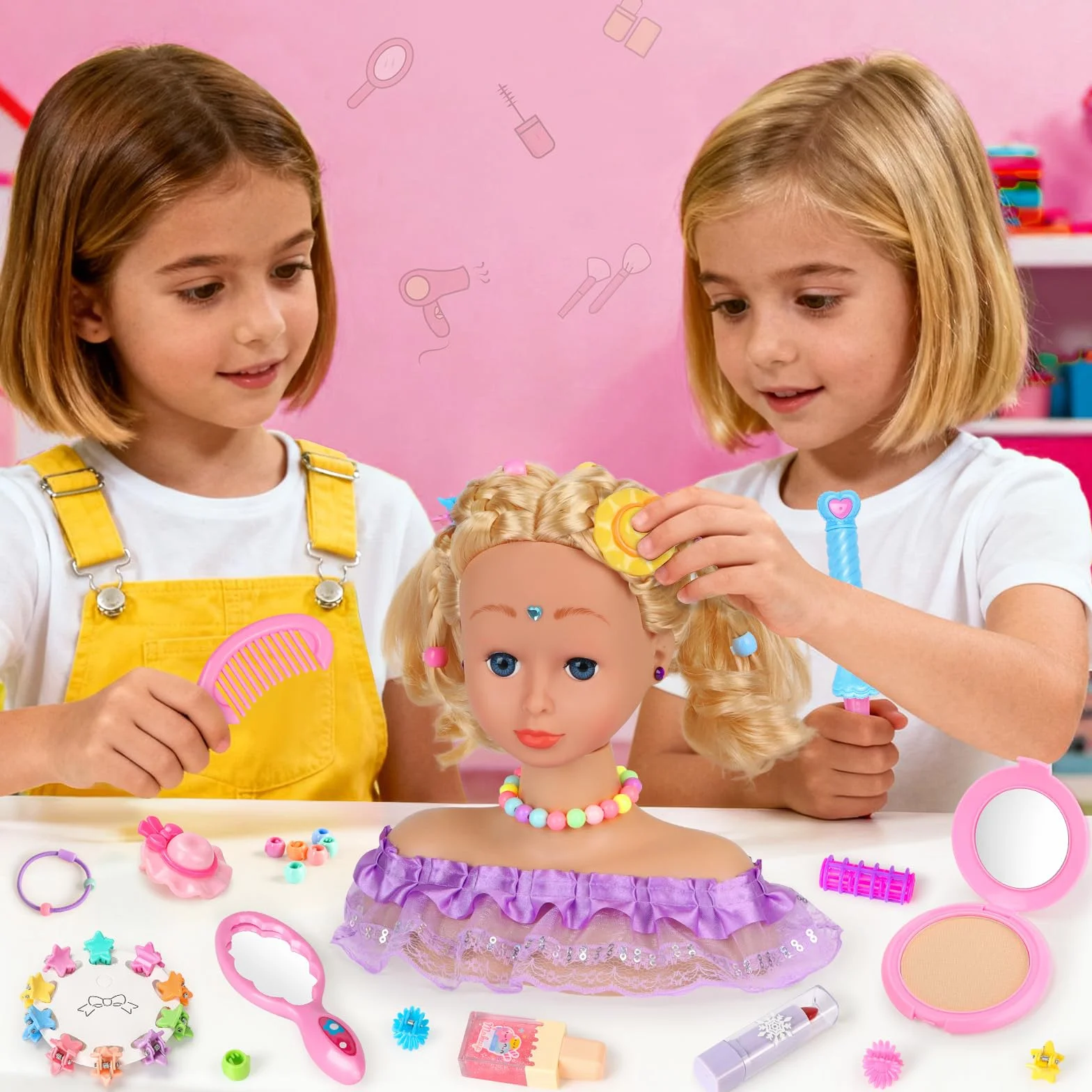 Testa Bambola da Truccare e Pettinare, 66 Pezzi Testa da Pettinare Bambina, Bambola da Truccare Regalo di Compleanno, Natale per Bambini a Partire Dai 3 Anni (Viola)