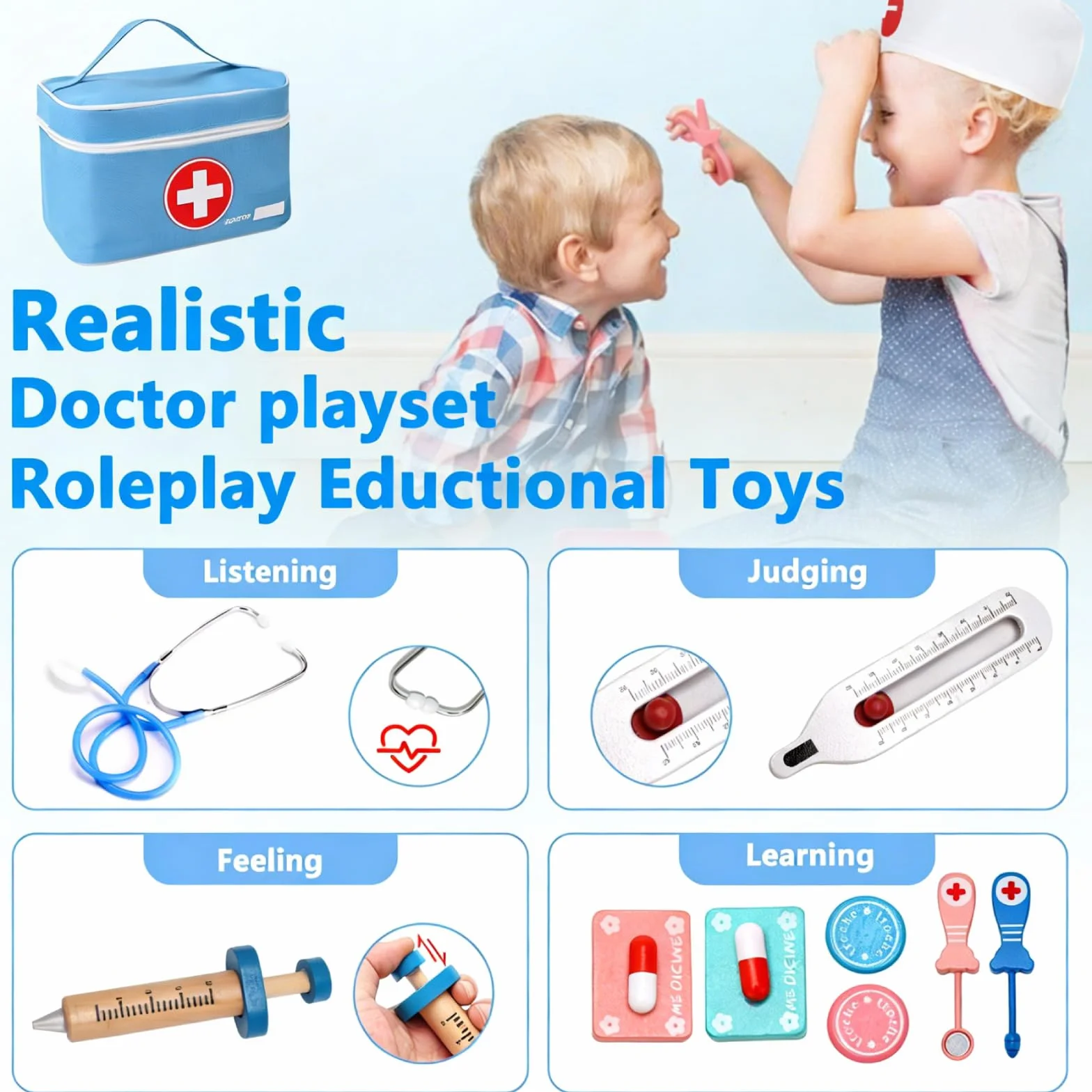 Valigetta Dottore Bambini, Legno kit Dottoressa Bambina con Vero Stetoscopio, Termometro, Camice da Medico e Borsa da Medico Portatile, Giochi di Ruolo, Giochi Bambini 3, 4, 5 Anni